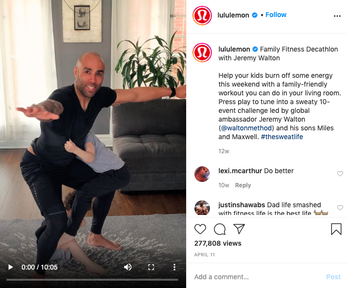 Lululemon instagram screenshot of at-home workouts with dad and son