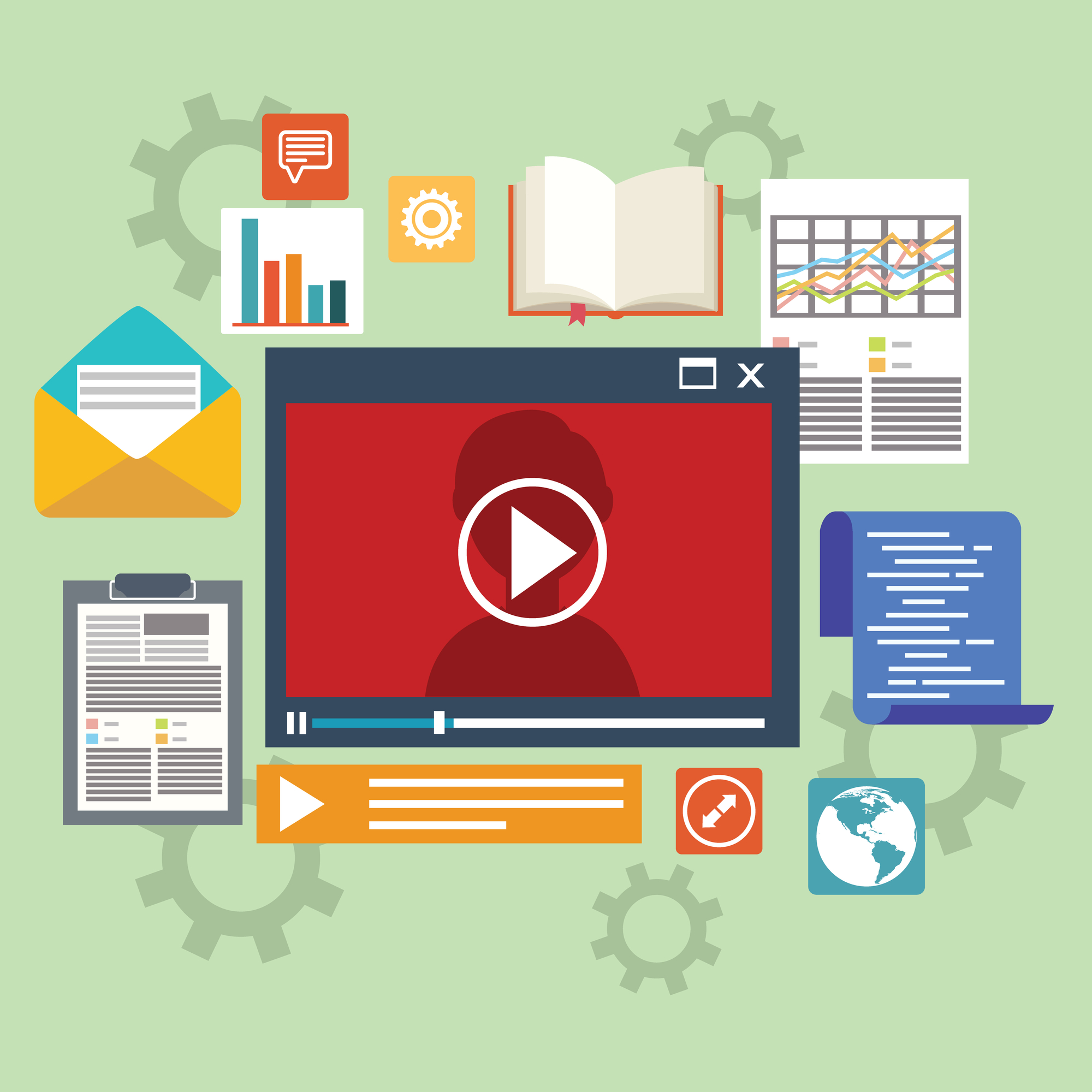 E-learning concept in flat style - digital content and online webinar icons