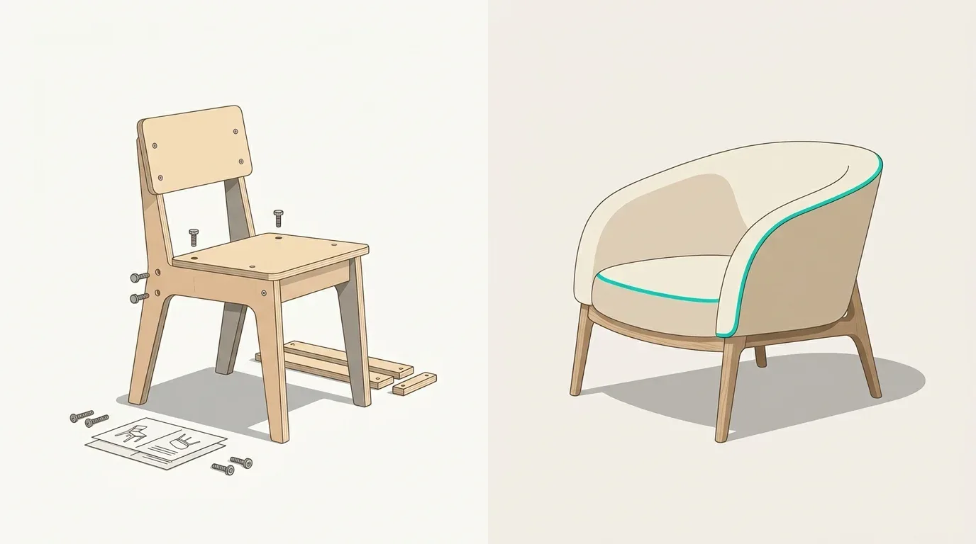A generic flat-pack chair beside a custom-built armchair