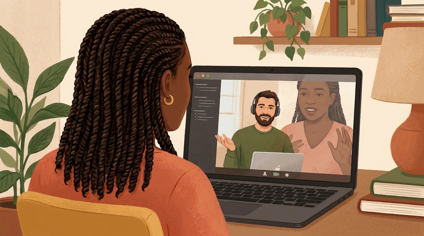 Digital illustration of someone on a Zoom call. See the back side of somebody's 