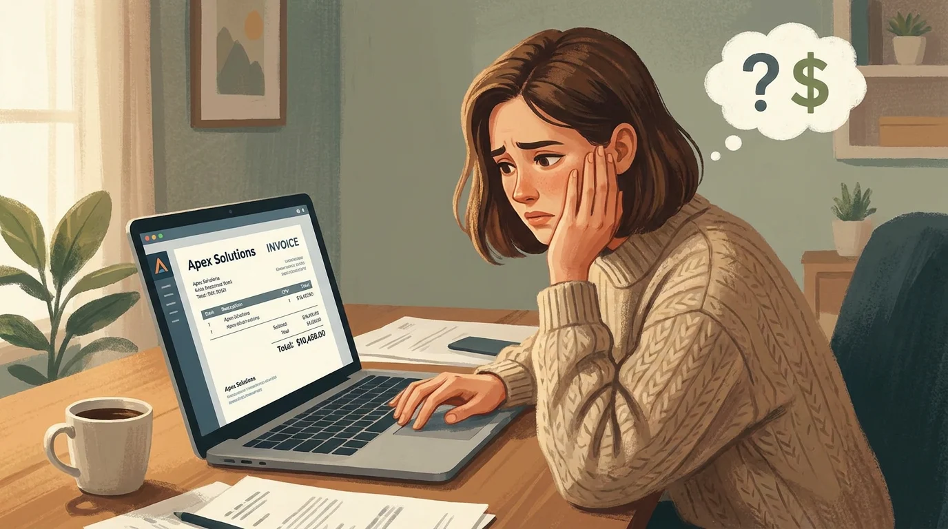 digital illustration of a woman looking at an invoice on her laptop computer scr