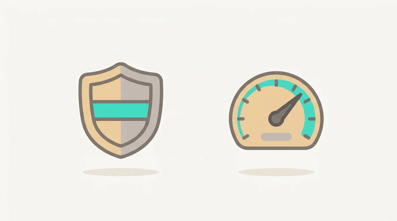 A shield and a speedometer representing security and speed