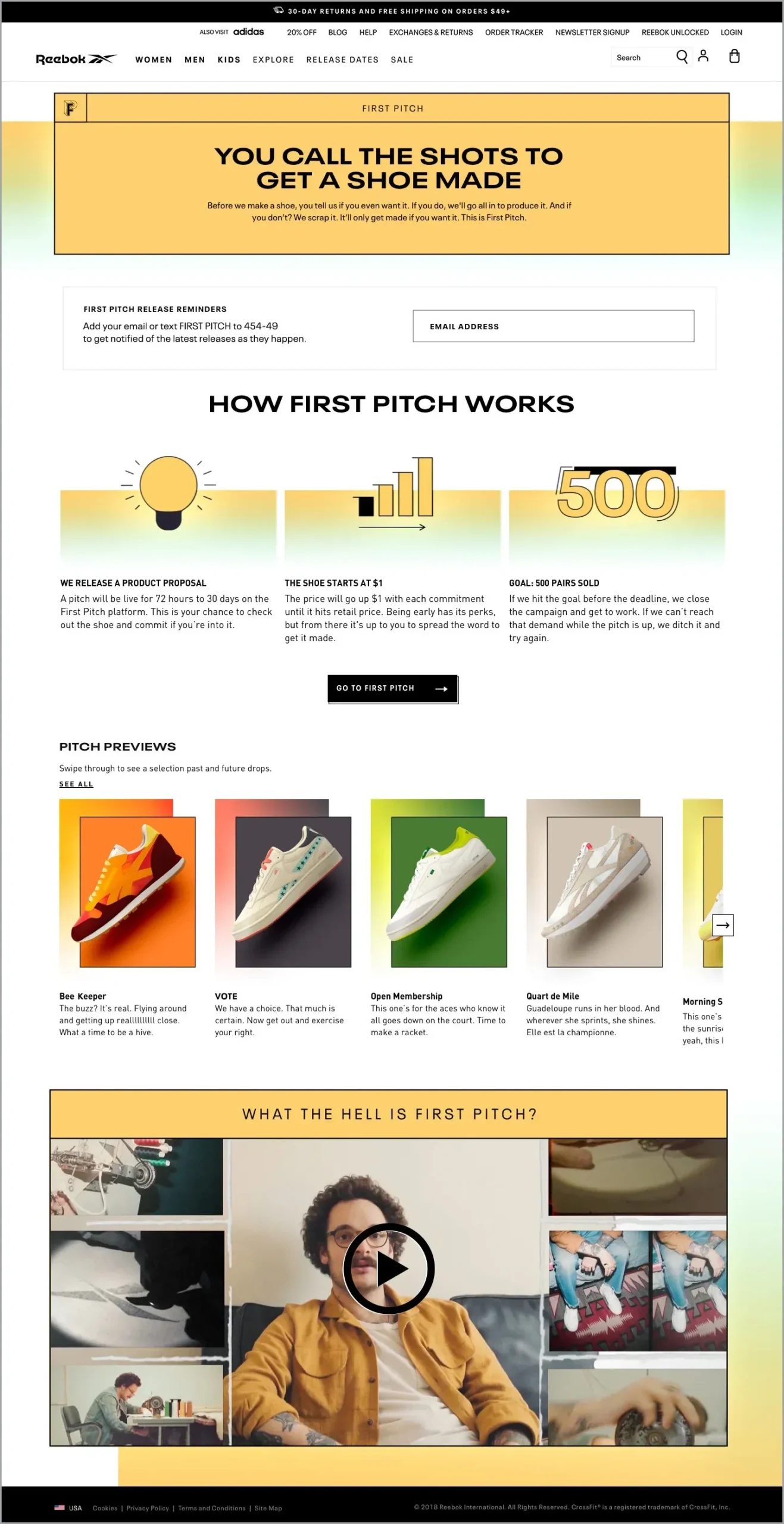 Reebok First Pitch product page on desktop