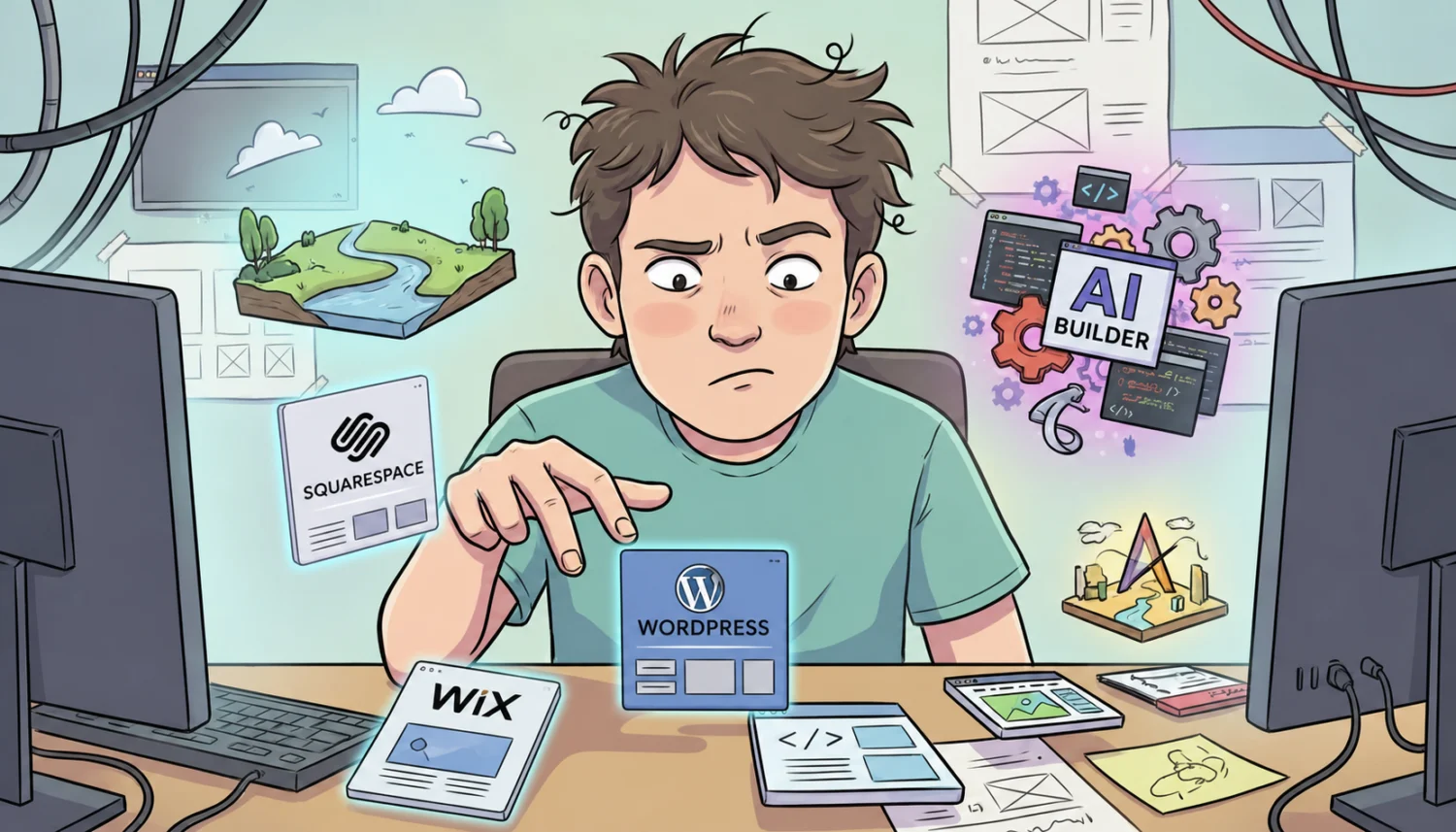 A digital illustration of a person sitting at a desk, and there's tiny little we