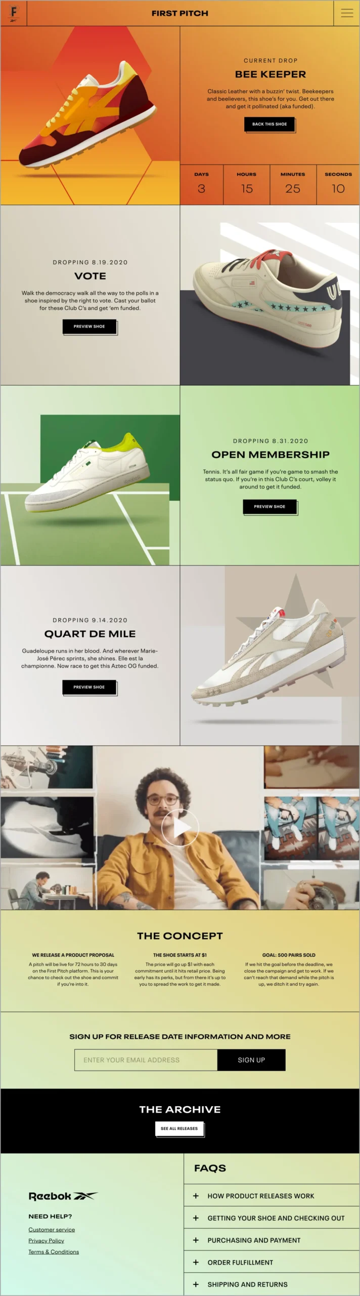Reebok First Pitch homepage