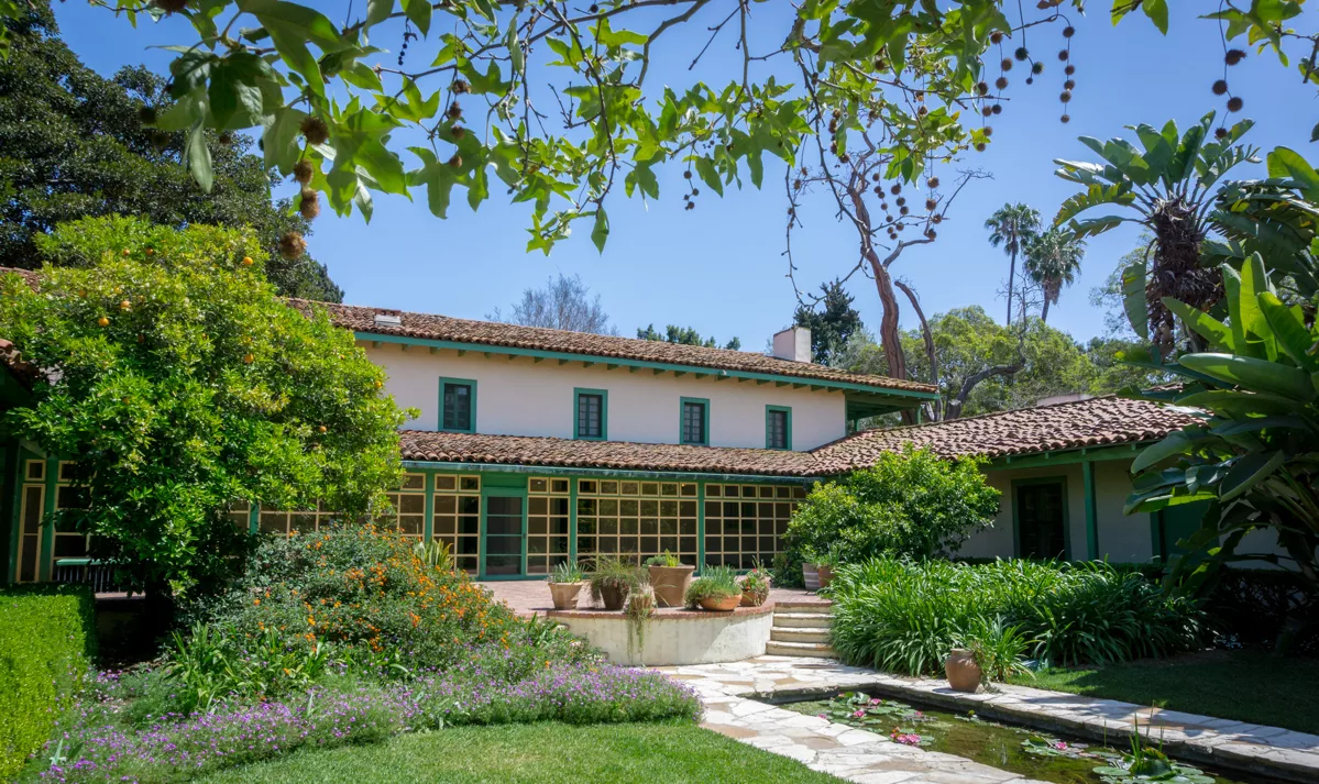 The historic Rancho Los Cerritos adobe building and gardens