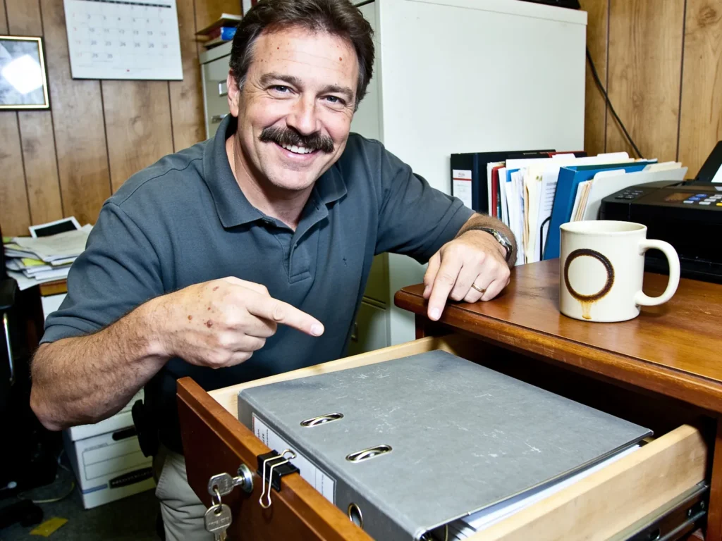 A smiling mustached man in a polo shirt points at an open desk drawer holding a plain gray three-ring binder, with a tiny lock and a binder clip on the drawer front.