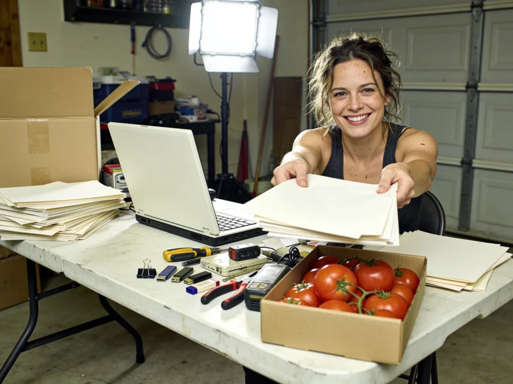 A woman at a cluttered folding table in a garage, smiling and handing out stacks of blank papers, with a box of tomatoes, USB sticks and tools laid out in front of her.