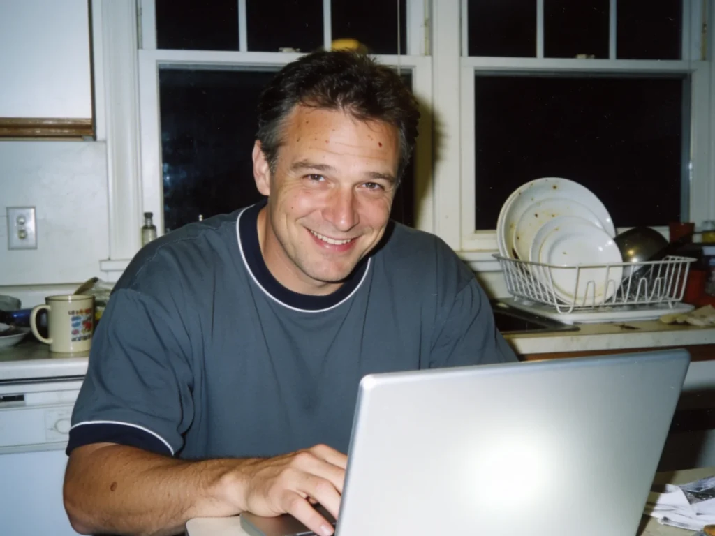 A man in a gray t-shirt smiling at a silver laptop in a messy kitchen at night, with a dish rack and a mug behind him.