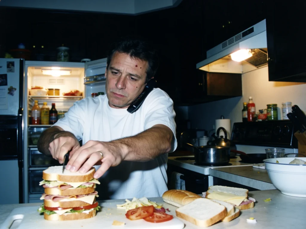 A man at a kitchen counter at night makes a stacked sandwich one-handed while holding a phone to his ear