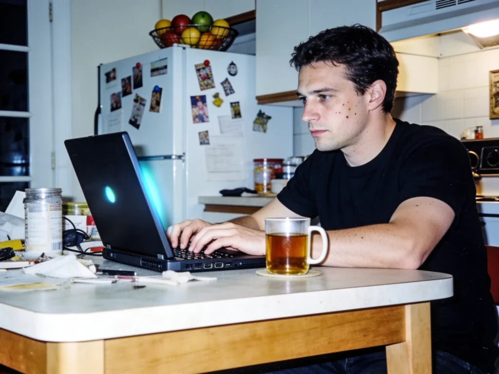 A man typing a careful reply on a laptop at a cluttered kitchen table at night with a mug of tea